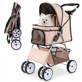 4 Wheel Pet Stroller for Small Dogs Cats up to 33 LBS (Color: Beige)
