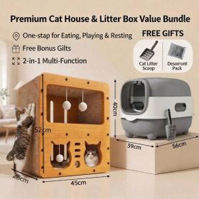 Cat Furniture Bundle, Multi Style Wooden Cat Scratcher House Fully Enclosed Odor Control Cat Litter Box, 2 In One Toilet Play Rest Combo With Fre (Option: E catlittlebox gray MD CAT2)